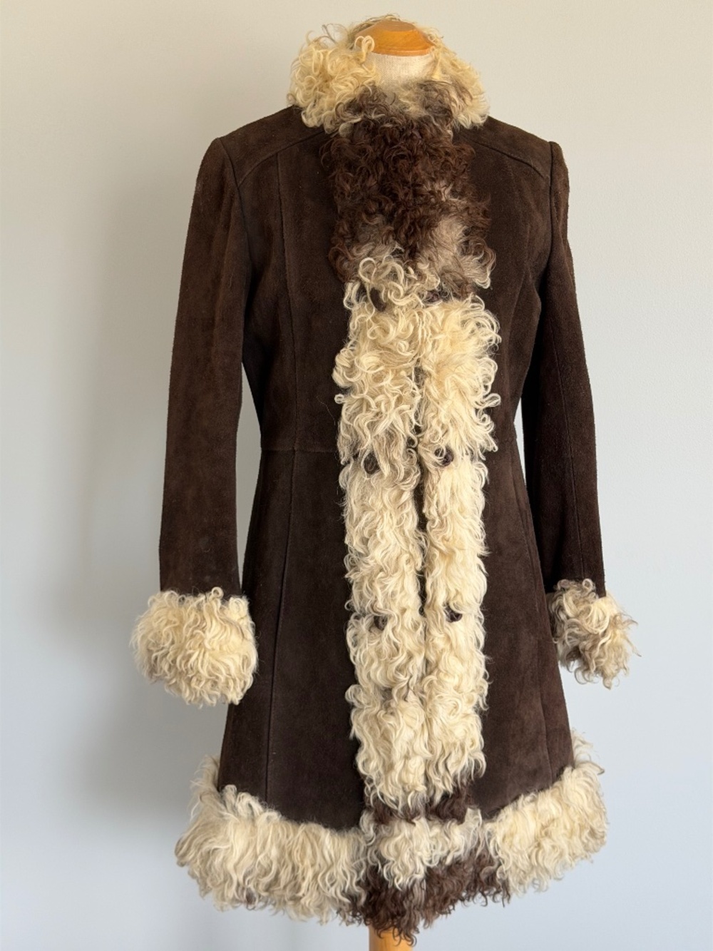 1960s or 70s Boho Suede Penny Lane Coat with Mongolian Lamb Trim, size S
